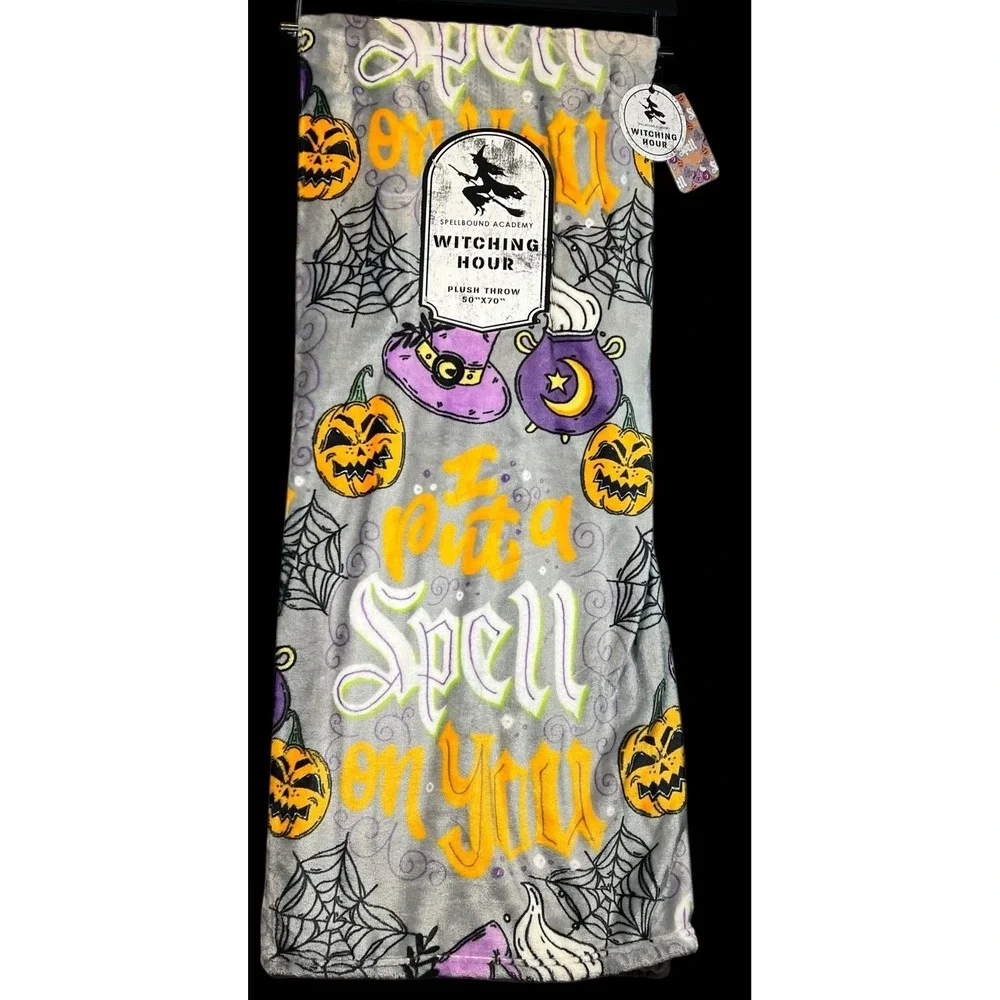 Spellbound Academy Witching Hour Cauldron Grey Halloween Plush Throw Blanket 🎃